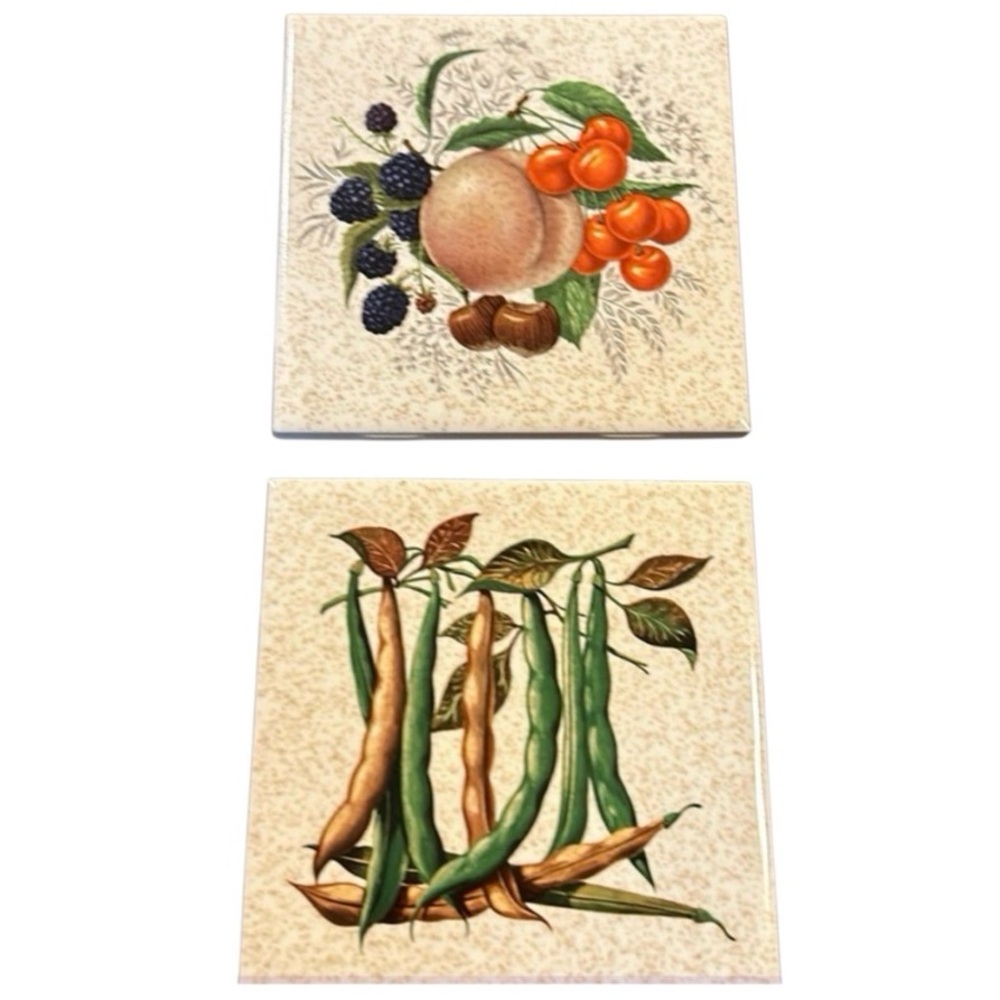 Vintage OMC Mexico Botanical Ceramic Trivet Tile Set 4.2”